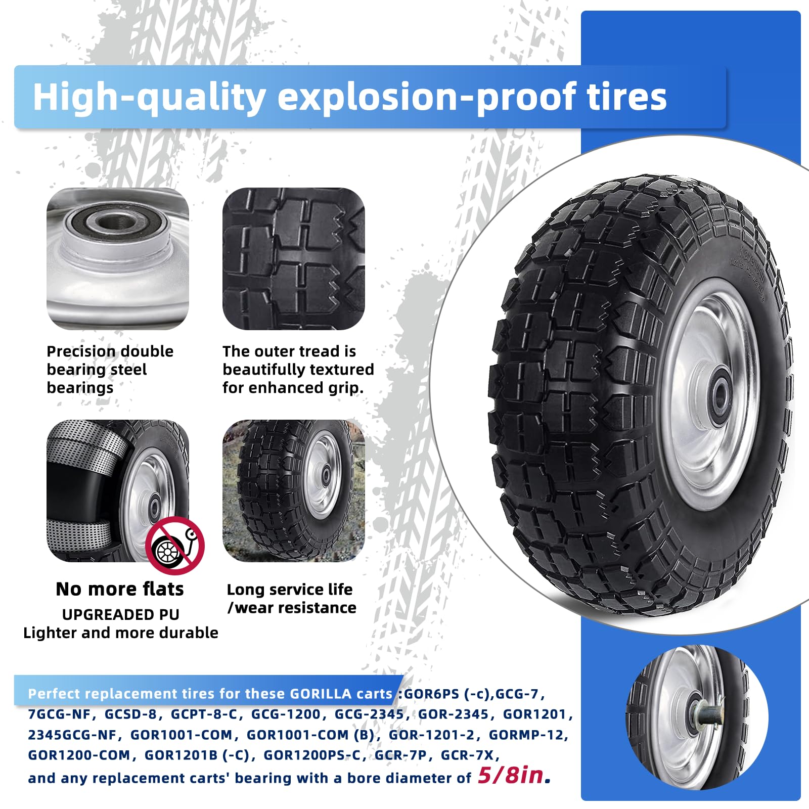 12'' Flat Free Tires Rubber Replacement Solid Tire and Wheel Assemblies for Hand Trucks Garden Cart Wheelbarrow - 3.5”Wide Polyurethane Tires 2.1 Hub with 5/8 Inch Axle Borehole Silver — Amazon image 5
