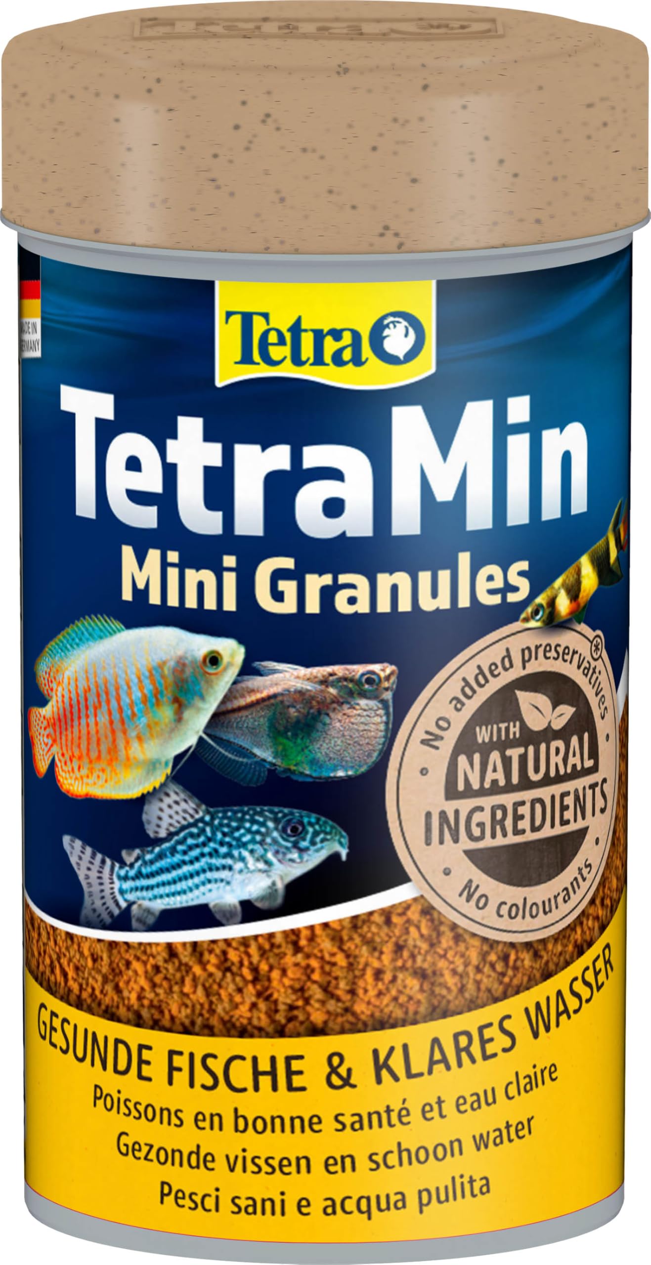 TetraMin Mini Granules - alimento en forma de gránulos de grano fino para los peces ornamentales más pequeños , mezcla equilibrada para peces sanos y agua clara, lata de 100 ml