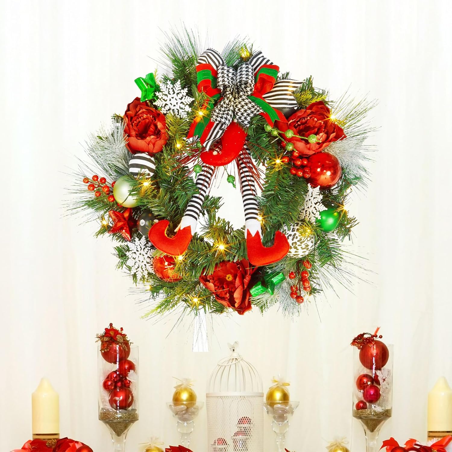 GarveeHome 24 in Pre-Lit Christmas Wreath for Front Door, Large Artificial Christmas Wreath, Battery Operated Lighted Xmas Wreath for Door Window Indoor Outside Xmas Home Decor, Red and Green - Image 5