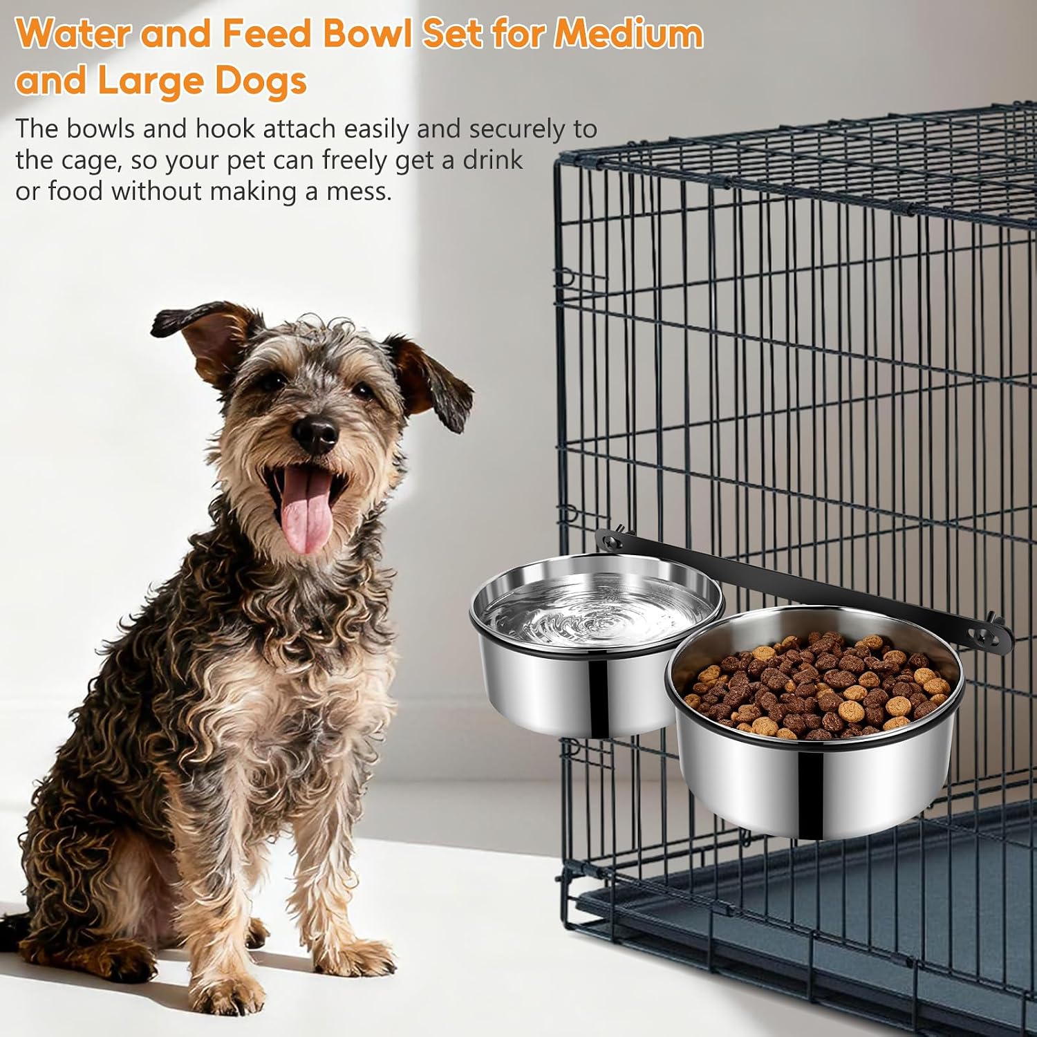 Dog Crate Water Bowls 2Pack, 40oz Stainless Steel Dual Hanging Pet Bowls, Wall-Mounted Dog Food & Water Feeder, Elevated Non-Spill Kennel Bowl Set for Medium & Large Dogs and Cats
