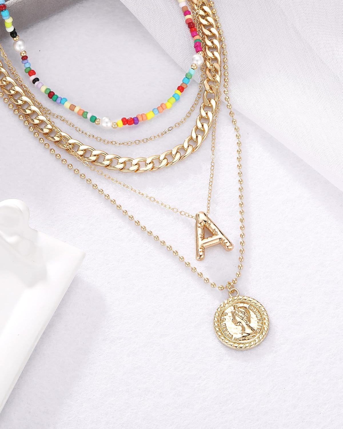 MJartoria Layered Necklaces for Women Trendy Balloon Initial Pendant Necklace Dainty Chunky Chain Beaded Choker Necklaces Jewelry Birthday Gifts - Image 4