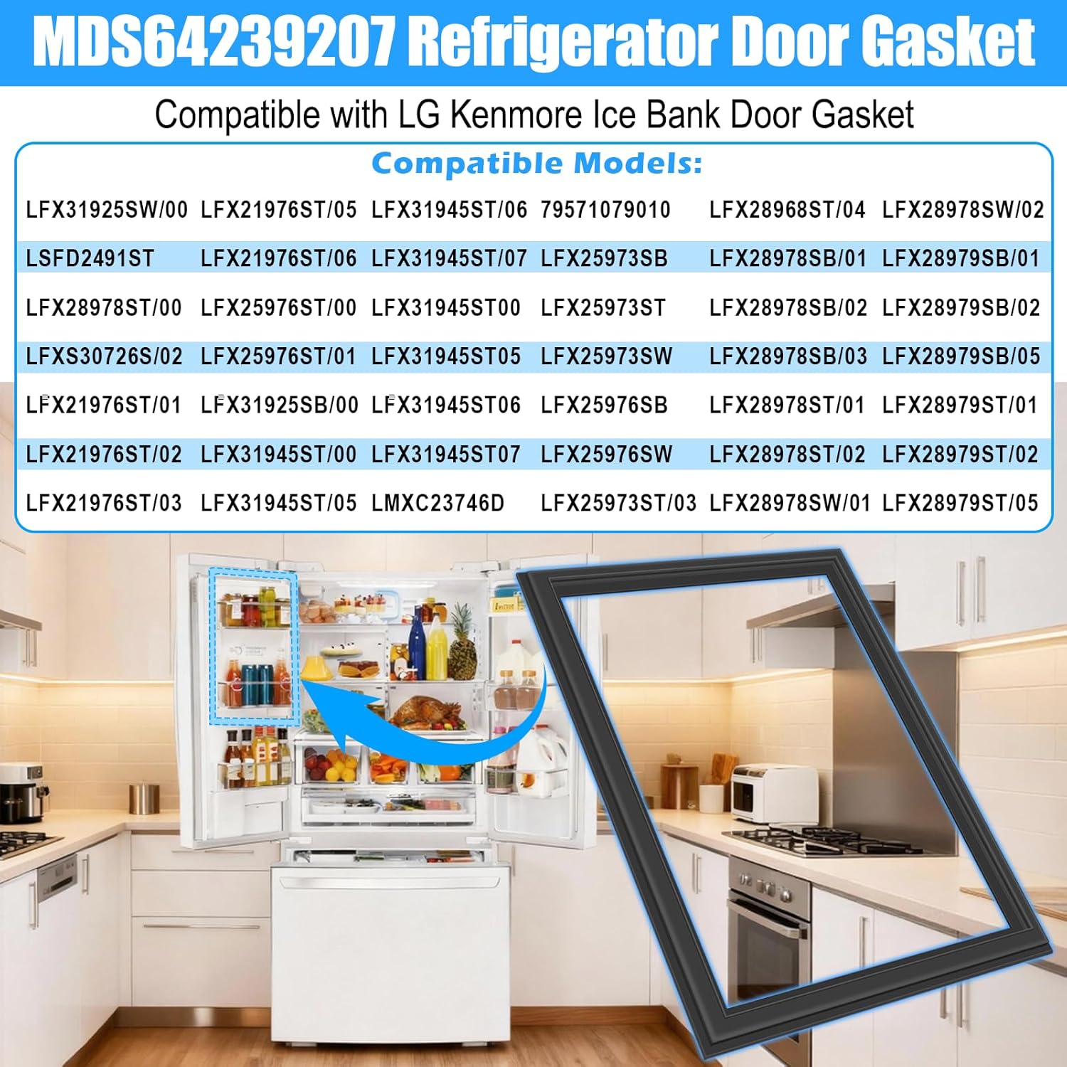 Upgraded MDS64239207 Refrigerator Ice Bank Door Gasket Compatible with LG Refrigerator Door Gasket MDS64239202 Refrigerator Ice Bank Seal MDS62111101 MDS62111103 Kenmore Refrigerator Door Seal Black