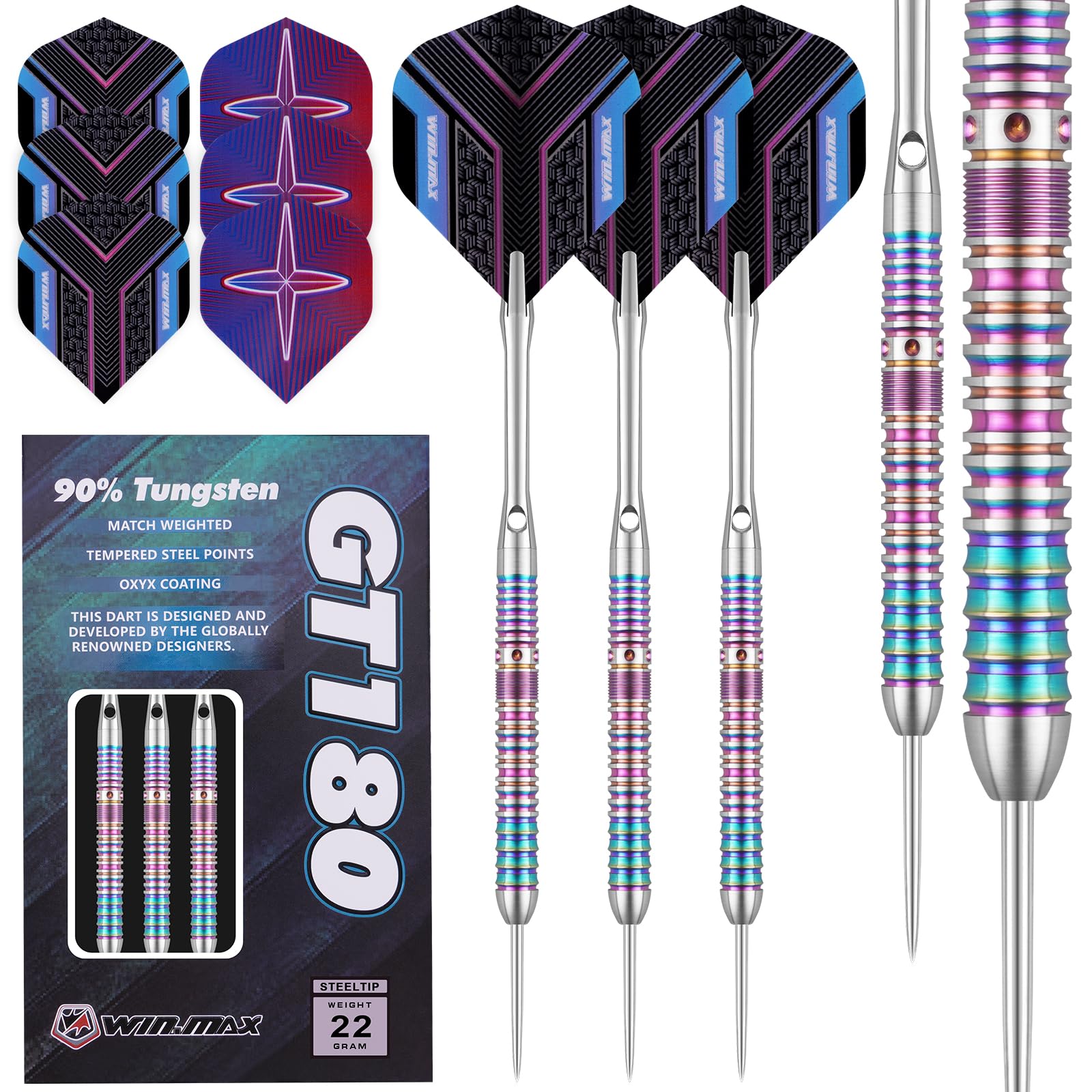 WIN.MAX Darts Tungsten Darts Steel Tip Darts Set (20g, 22g, 23g, 24g, 26g, 28g) - 3PCS Razor Edge Darts Set Professional Darts with Accessories, Including 3 Extra Flights