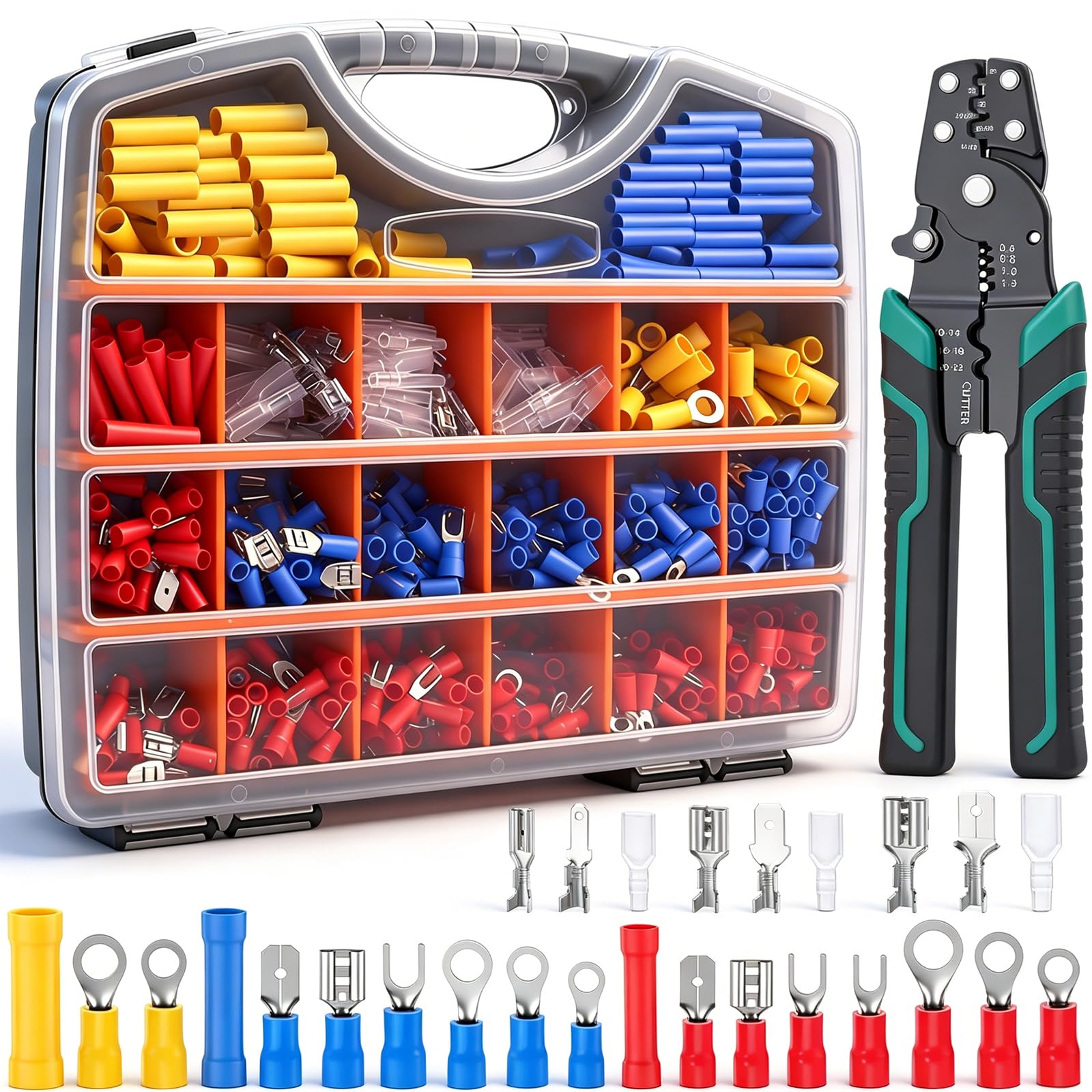 smseace 1100Pcs Crimp Wire Connectors with Crimping Tool Packed in Handheld box 22-10AWG Insulated Crimp Spade/Fork/Ring/Butt Electrical Speaker Wire Connector