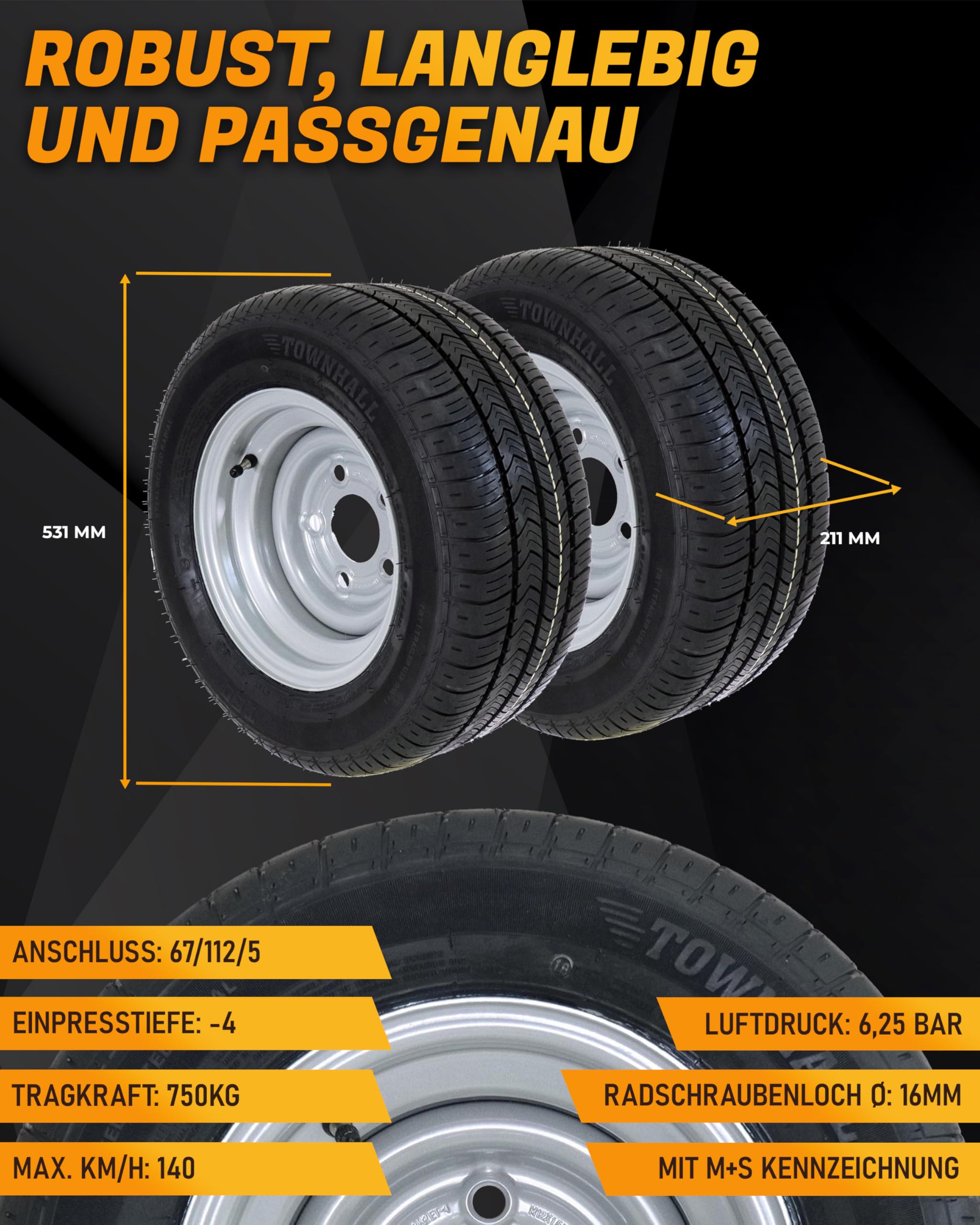 The Drive 2x Komplettrad 195/55 R10 C 98/96N M+S für Pkw-Anhänger & Caravan – Felge 6Jx10 H2 ET-4 – Lochkreis 5x112 – Tragkraft 750kg – max. 140 km/h – Hochwertige Ersatzräder für Autoanhänger