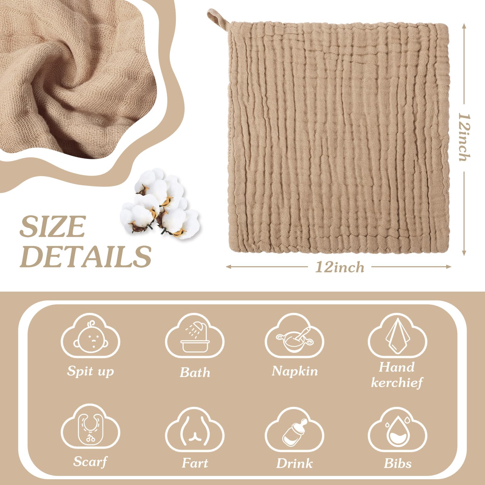 SmoothNovelty 8 paños para bebé recién nacido de 12 x 12 pulgadas, toallas faciales de muselina de algodón absorbentes para piel delicada, tela de muselina suave, reutilizable, regalo de baby shower,