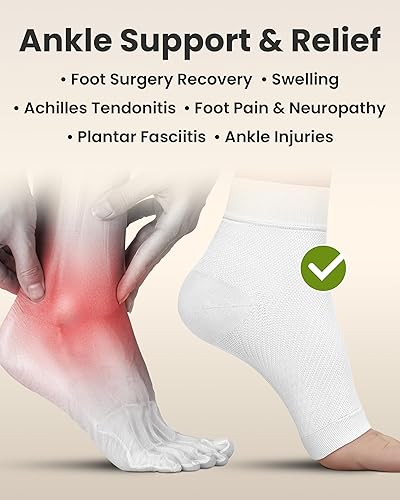 Miniatura 29 de KEMFORD Manga de compresión para el tobillo, tirantes para fascitis plantar, calcetines de compresión de punta abierta para hinchazón, esguince