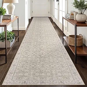 2.6x18 Cream Beige White Grey Washable Runner Rug for Kitchen, Soft Classic Runner with Non-Slip, Non-Shedding Distressed Floral Rug for Hallways Entryway Bedroom Laundry Indoor