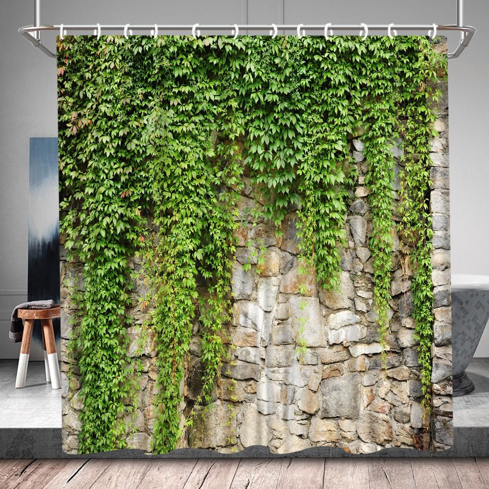 QWRSMYX Green Leaves Shower Curtain Garden Landscape Nature Plant Scenery Stone Brick Wall Rustic Marble Rocks Stone Wall Bathtub Curtains Fabric