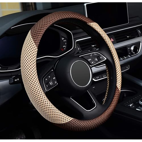 ZHOL Steering Wheel Cover Universal 15 inch Microfiber Breathable Ice Silk Steering Wheel Cover for Women Men, Warm in Winter and Cool in Summer, Anti-Slip, Beige&Brown