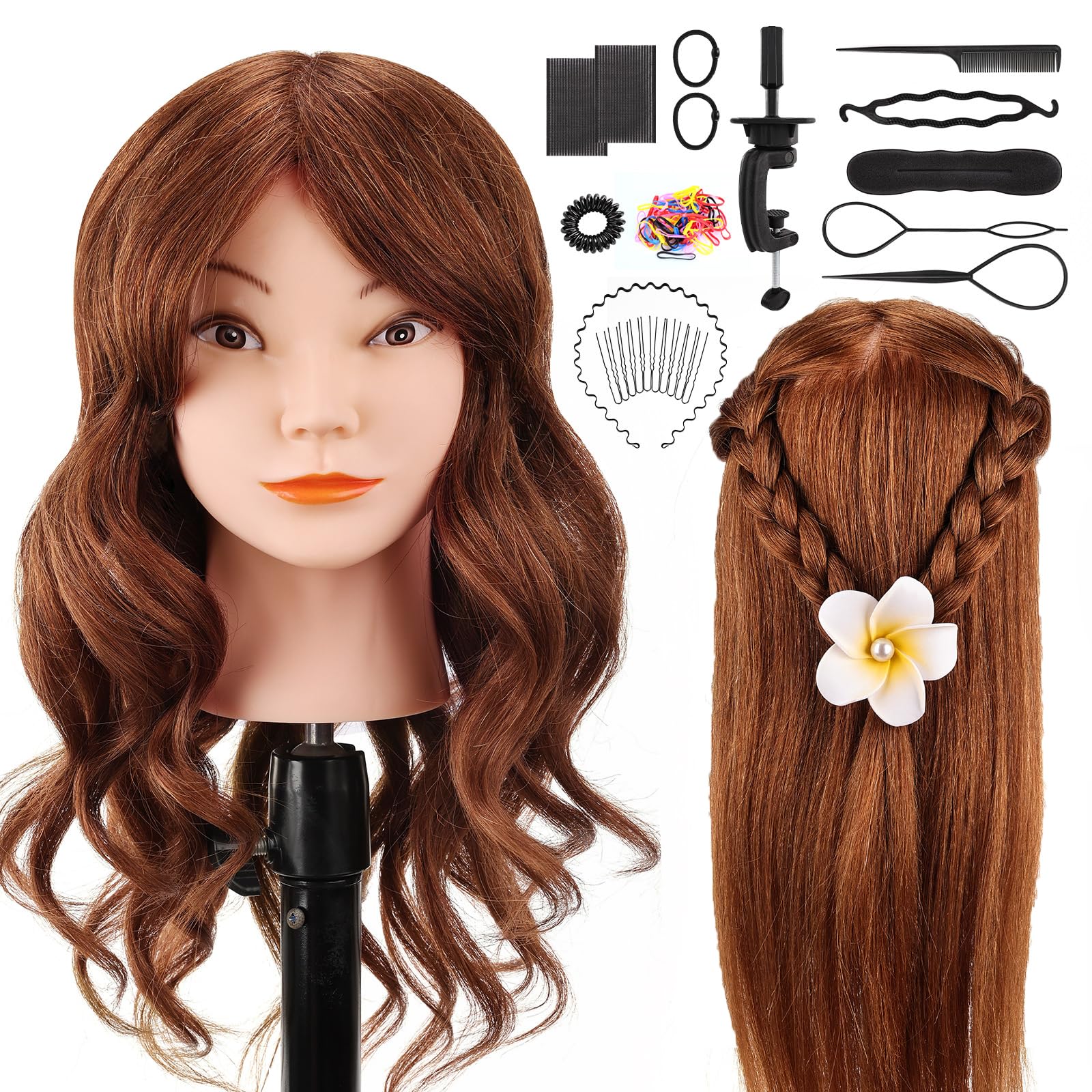Cabeza de Peluqueria, Yofuly 26inch Cabeza Maniquí, 80% Cabello Humano, Cabeza Práctica Modelo Maniqui de Cosmetología con Abrazadera de Mesa y Juego de Trenzas de Cabello DIY Maniquí (castaño claro) — view 19