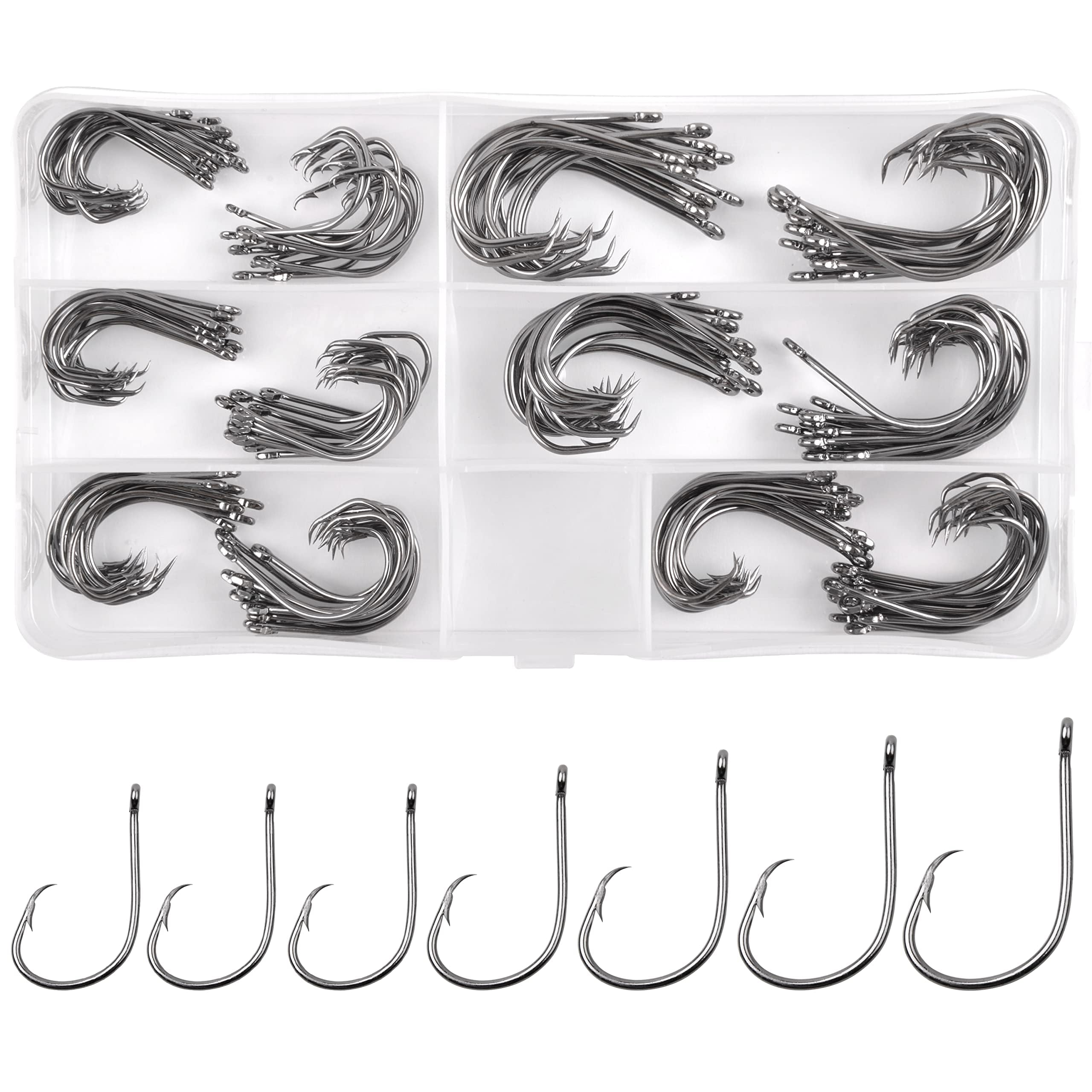 Circle Hooks Saltwater Fishing Hooks Kit High Carbon Steel Inline Straight Eye Circle Hook Chemically Sharpened Barbed Point Octopus Hook (150PCS/BOX)