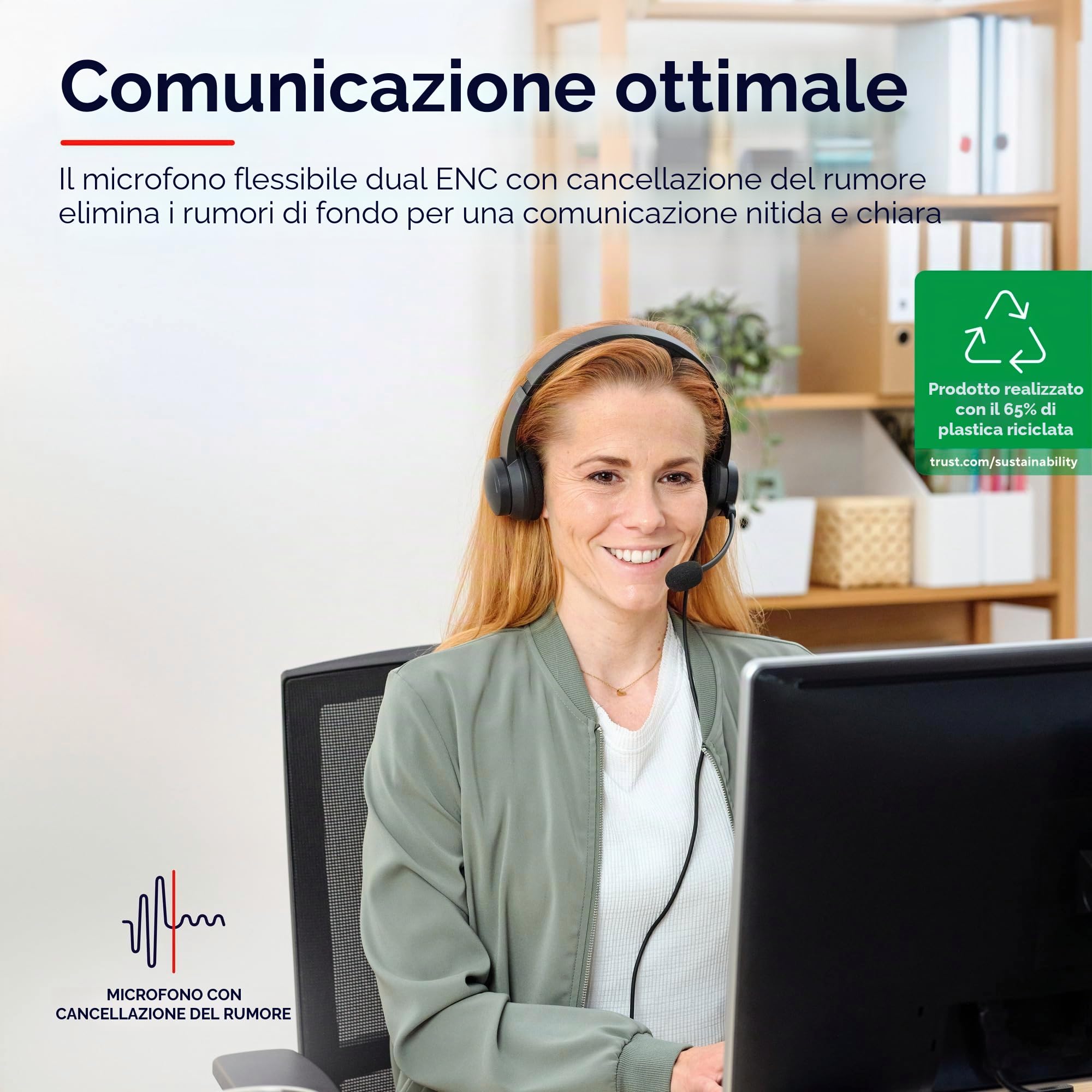 Trust Ayda USB Cuffie con Microfono ENC Cancellazione del Rumore, Mic Noise Cancelling, 65% Plastica Riciclata, Auricolari con Filo 1,80 m, Headphones On-Ear Cablato per PC, Laptop, Mac - Nero