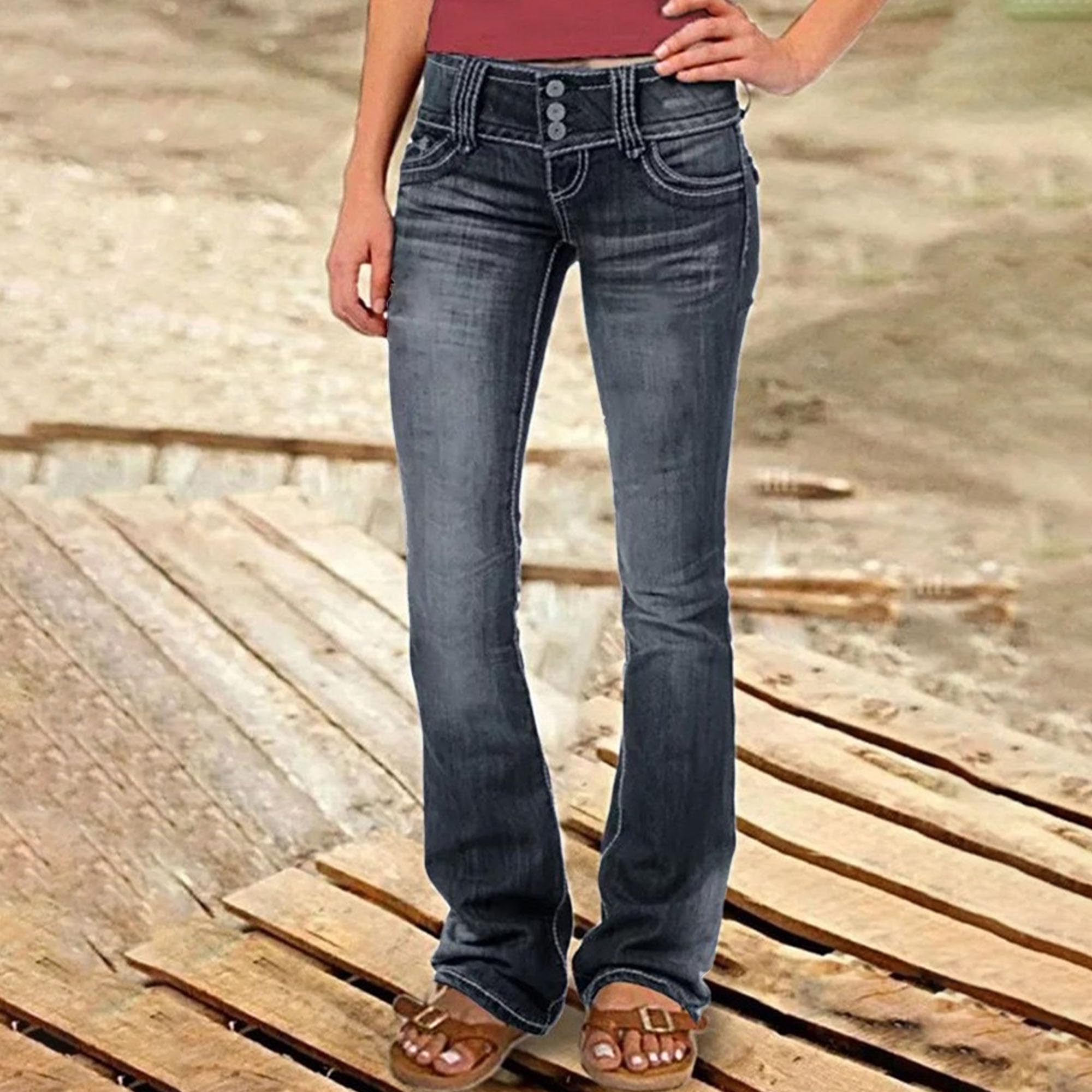 JEShifangjiusu Jeans da donna alla moda a vita alta per il controllo della pancia, jeans bootcut svasati