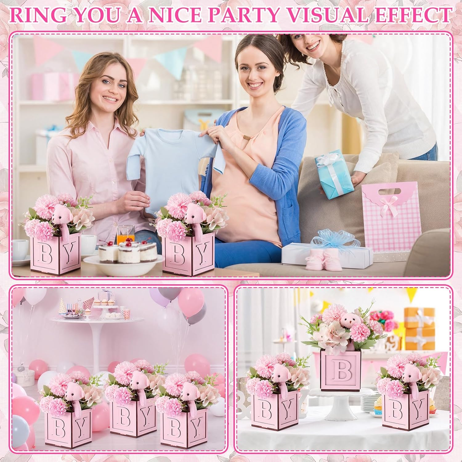 Novabright 6 Set We Can Bearly Wait Baby Shower Decorations Pink Baby Shower Table Centerpieces 4.72 Inch Wooden Boxes with Letters, Bears Stuffed Animal, Floral for Gender Reveal Party Decorations