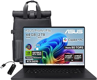ASUS ProArt P16 Ryzen AI 9 HX 370/RTX 5070 (8GB GDDR7)/50 Tops/Pantalla 16" 3K OLED Touch/64GB RAM/2TB SSD/Mochila y Adaptador USB-A a RJ45 /Garantía y Servicio con la Marca en México
