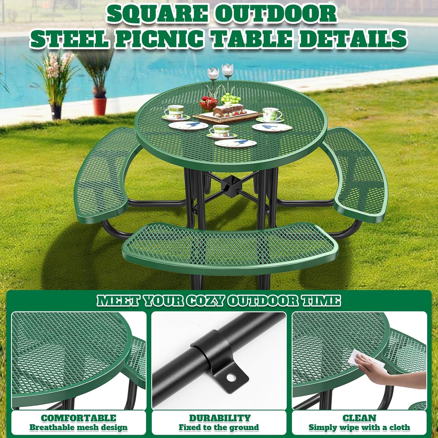 Ceridwen Heavy Duty Picnic Table with 4 Benches, Expanded Metal Steel Mesh Outdoor Patio Dining Table Bench Set with Umbrella Hole,Outdoor Patio Dining Table for Garden (Round, Green, 46FT)