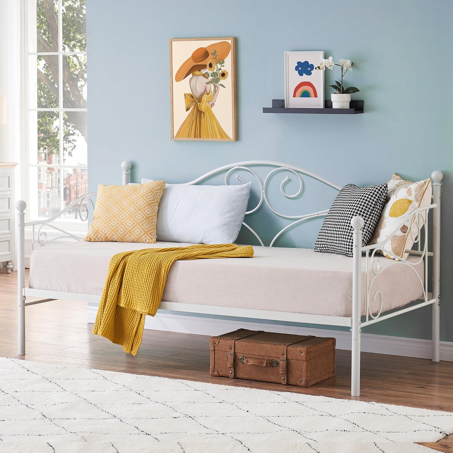 VECELO Twin Size Metal Daybed Frame with Headboard - Heavy Duty Steel Slats, 660lbs Capacity, Easy Assembly for Bedroom or Living Room