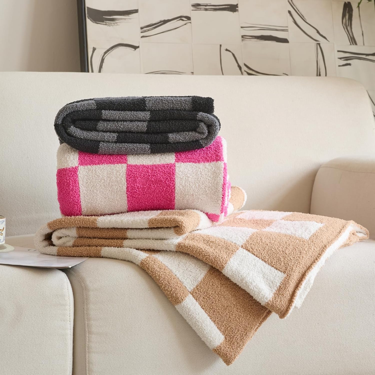 Checkered Blanket, Cozy Soft Throw Blankets for Couch Bed, Fluffy Plaid Lightweight Comfy Travel Picnic Blanket Gifts for Sofa Chair Living Room Camping (Hot Pink, Throw 50"x60") - Image 7
