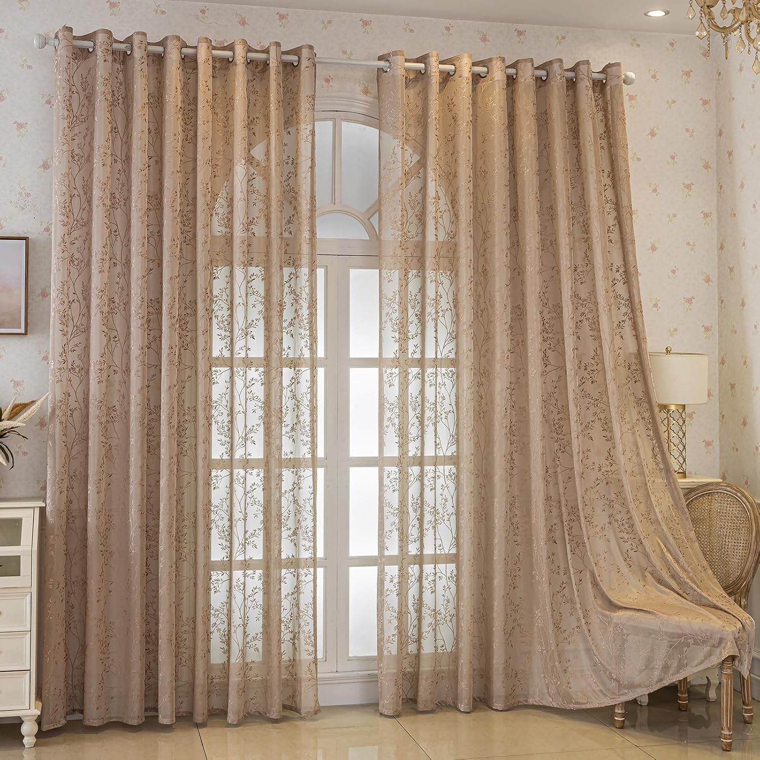 Coffee Lace Sheer Curtains 96 inches Long 2 Panels Set, Farmhouse Leaf Jacquard Grommet Window Curtain for Living Room/Bedroom, Voile Sheer Panel Drapes(Coffee,55"x96")