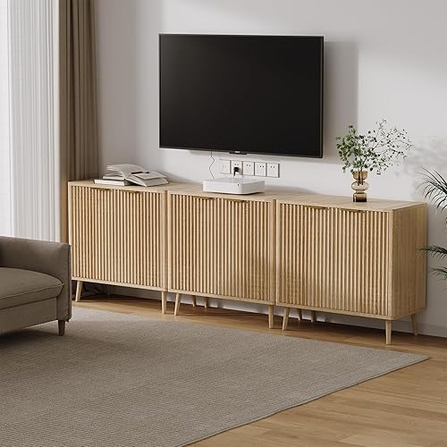 Miniatura 7 de Moderno gabinete de buffet delgado acanalado con almacenamiento, aparador redondeado de mediados de siglo con puertas y estantes ajustables, armario