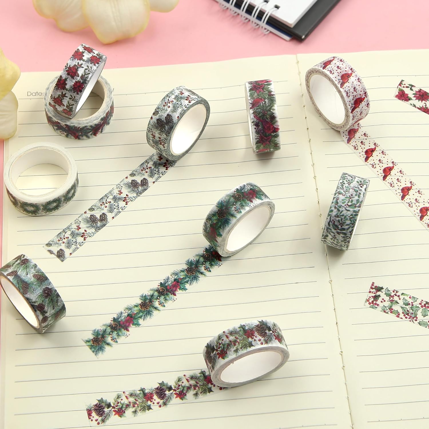 12Rolls Christmas Washi Tape, Cardinals Floral Wreaths Holly Pinecones Poinsettias Pattern Xmas Theme Watercolor Masking Tape Holiday Decorative Paper Sticker for Scrapbook Journal DIY Arts & Crafts