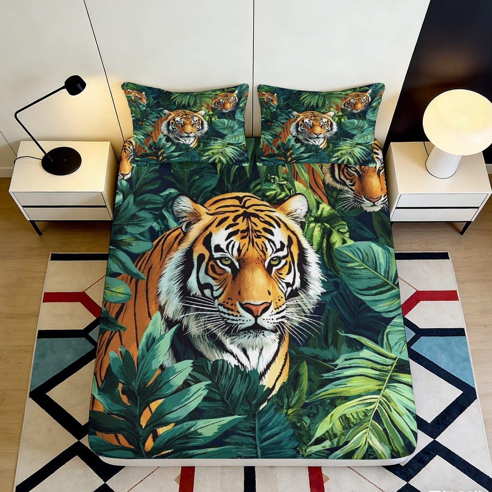 3D Printed Tiger Jungle Fitted Sheet Microfiber Anti-Slip Mattress Cover Machine Washable Bedroom Decor for All Ages 200x200x25cm