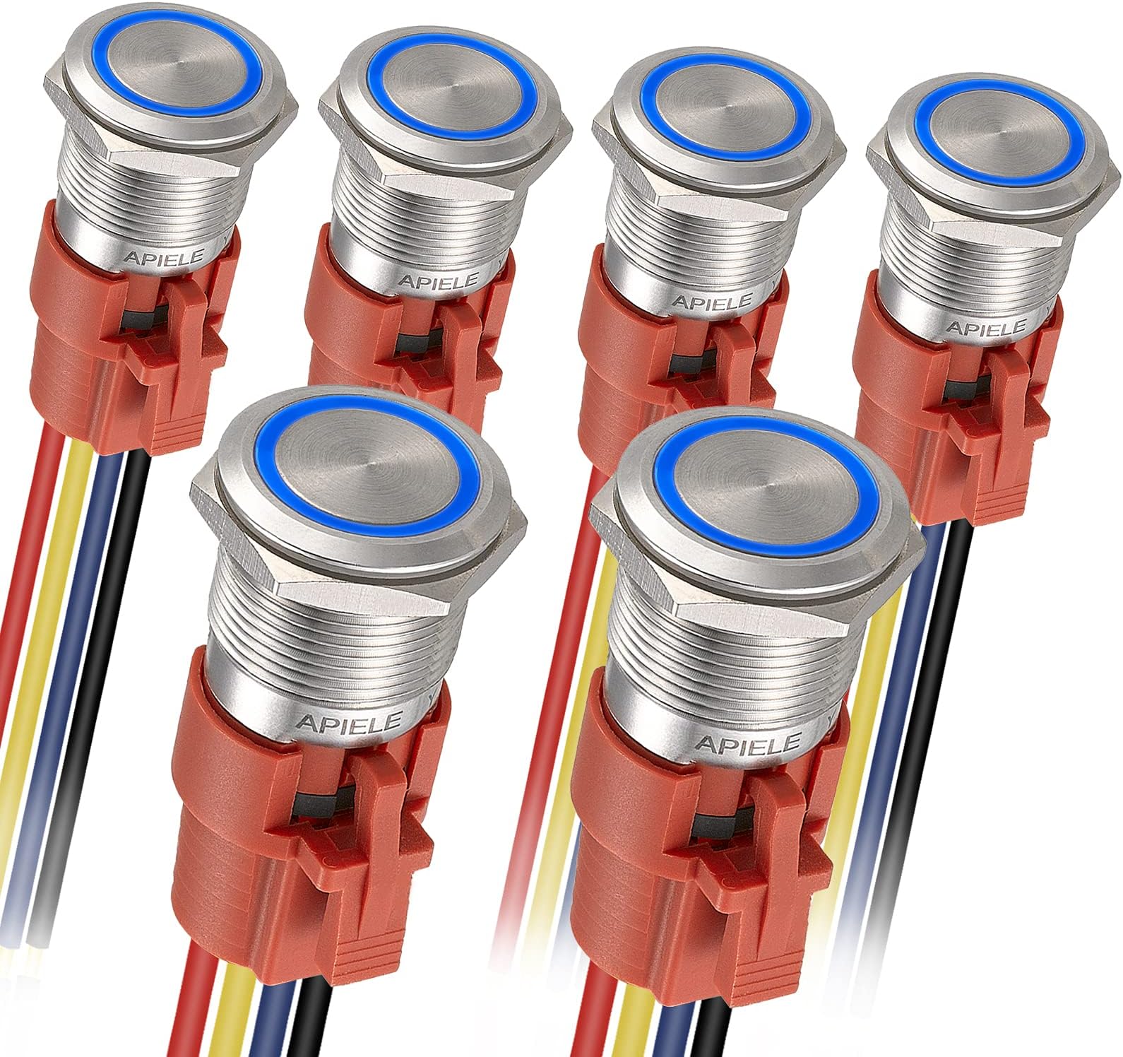 APIELE Latching Push Button Switch 19mm 12V- 24V DC LED SPDT 1NO1NC Stainless Steel Metal Push Button Switch with Pigtail 6PCS (Silver Shell-Blue, 19MM)