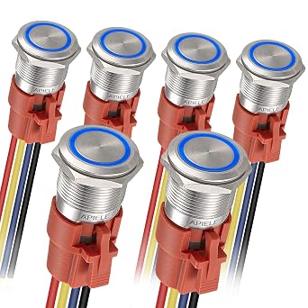 APIELE Latching Push Button Switch 19mm 12V- 24V DC LED SPDT 1NO1NC Stainless Steel Metal Push Button Switch with Pigtail 6PCS Silver Shell-Blue, 19MM