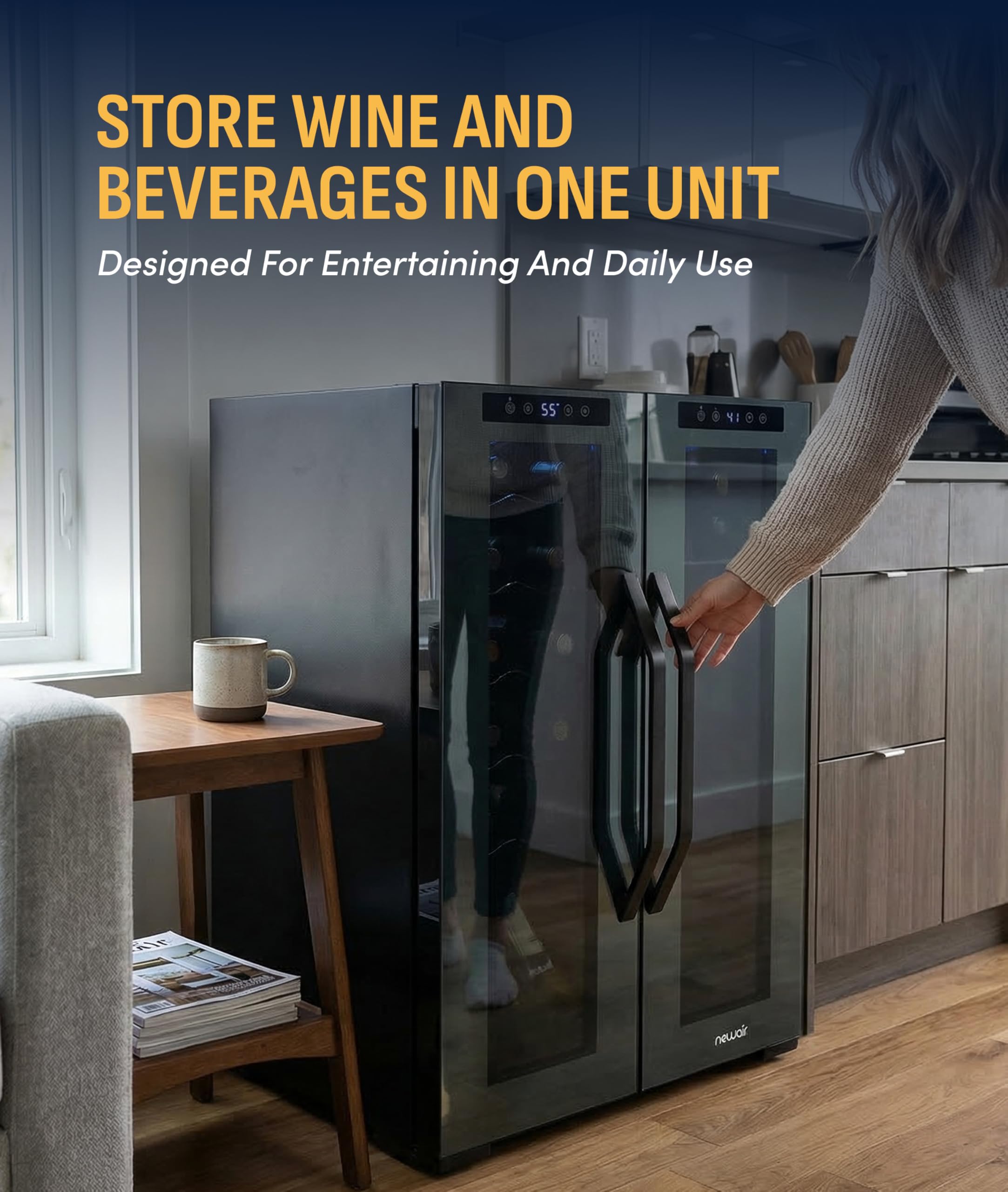 NewAir 20" Dual Zone Beverage Refrigerator & Wine Cooler for 12 Bottles & 39 Cans | Freestanding or Built-In Under Counter Mini Fridge for Beer, Wine and Soda | Black on Fridge.com
