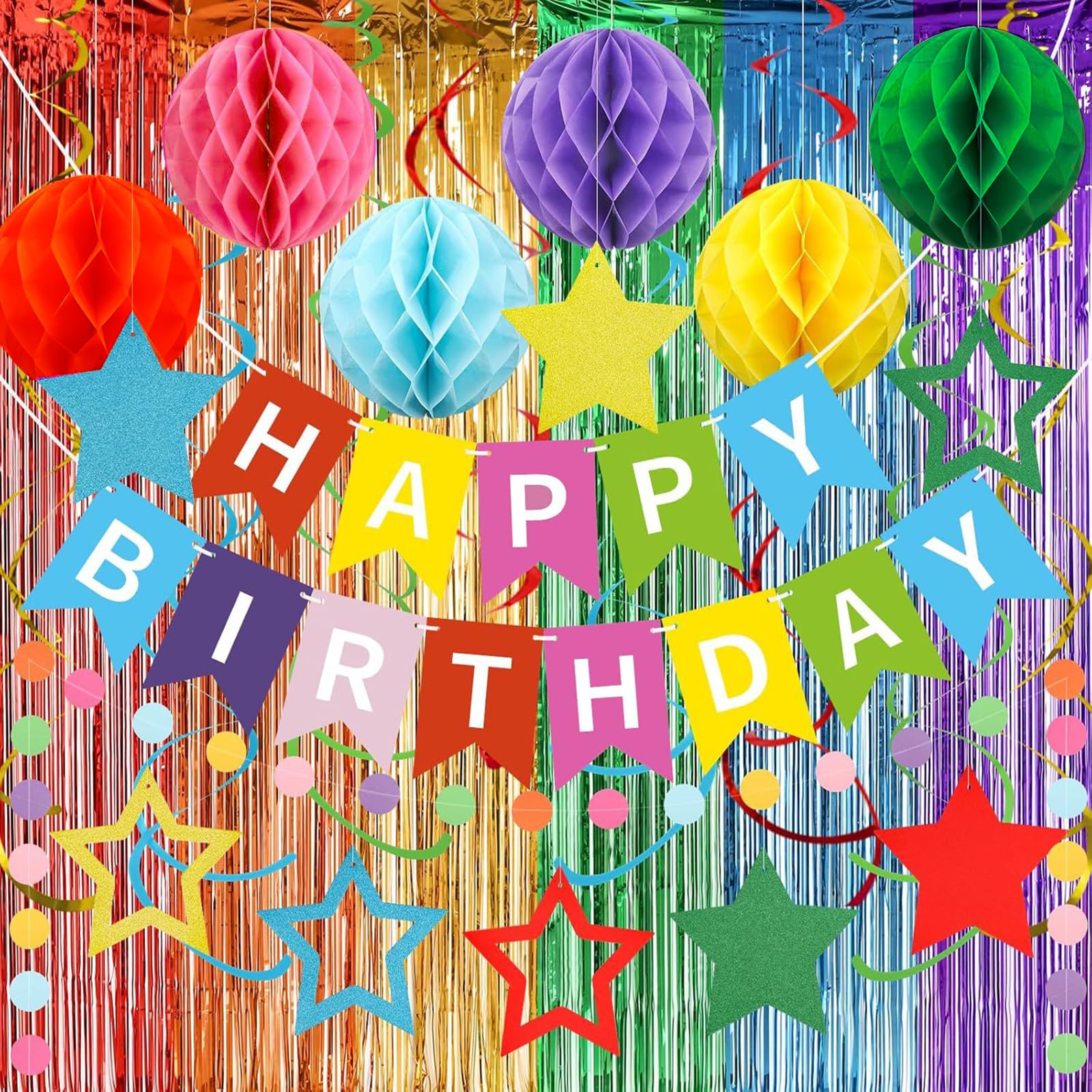 Happy Birthday Banner With Colorful Paper Flag Bunting Paper Circle Confetti Garland Swirl Streamers Honeycomb ball Tinsel Curtain for Birthday Party Decorations, Rainbow