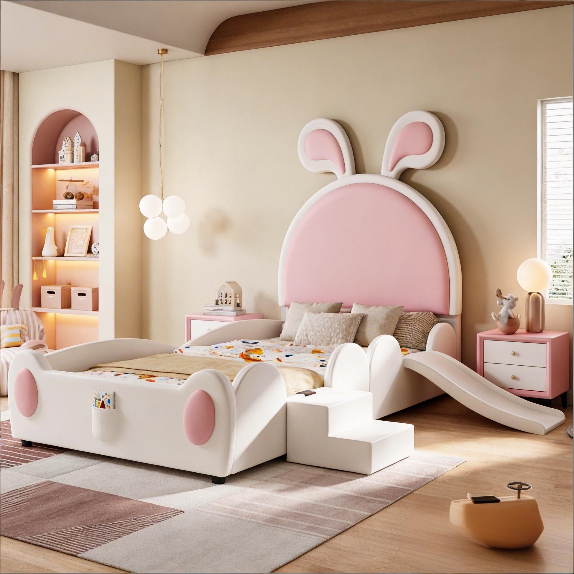Kinderbett 90x200cm, Kinderbett Mädchen mit Hasenohren Kopfteil, Prinzessin Bett Kleiner Treppe und Kinder Rutsche, PU Polsterbettohne Matratze, Weiß und Rosa
