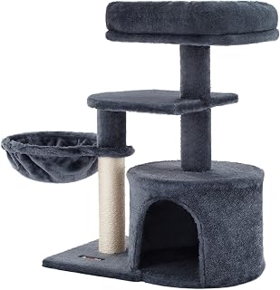 Feandrea Cat Tree, Small Cat Tower, Cat Condo, Kitten Activity Center with Scratching Post, Basket, Cave, Smoky Gray UPCT59G