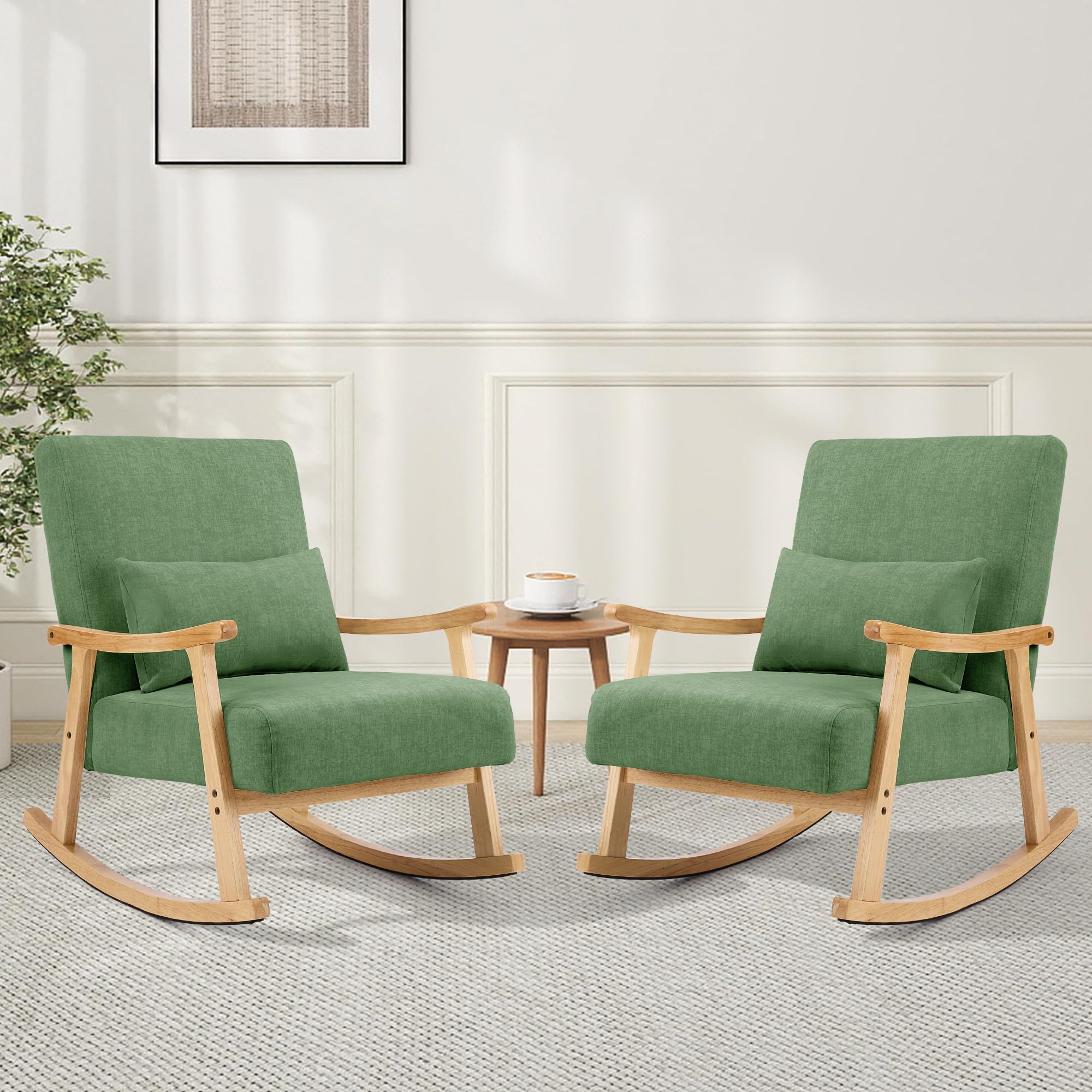 Mid-Century Modern Schaukelstuhl, Schaukelsessel mit Lendenkissen, Gepolsterter Stillsessel mit Holzarmlehnen & Holzbeinen, Bequemer Sessel für Wohnzimmer, Schlafzimmer & Babyzimmer, Grün