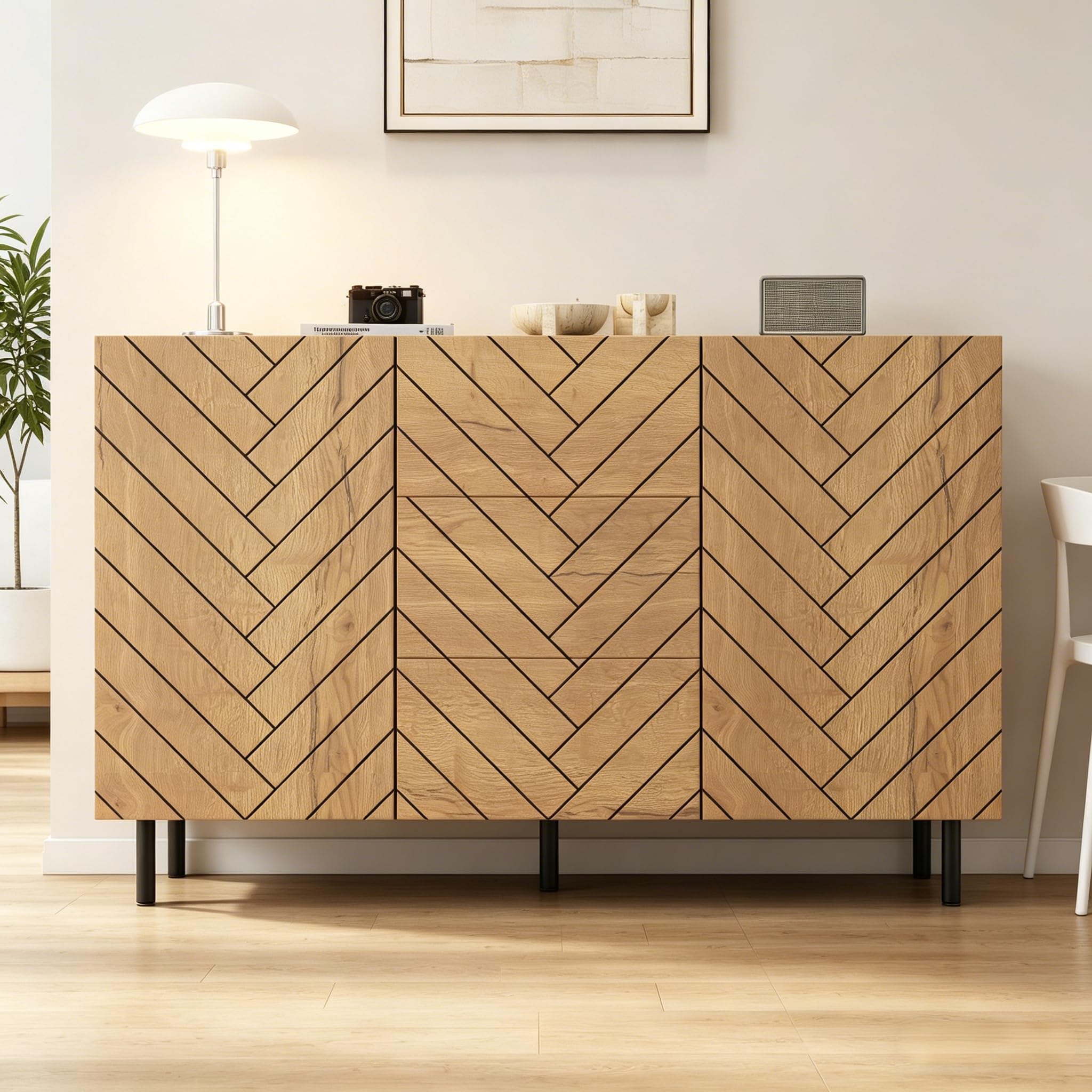 Aparador de madera natural, 120 × 40 × 76 cm, de aglomerado, moderno armario de almacenamiento con 3 cajones y 2 armarios para salón, taquillas, cajoneras, tocador, cómoda