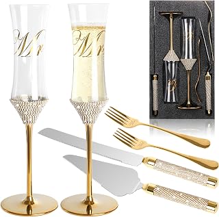 6 Pcs Wedding Cake Knife and Champagne Flutes Server Set, Mr and Mrs Champagne Flutes with Fork, Bride and Groom Champagne Glasses with Crystal Rhinestones for Wedding, Anniversary and Party (Gold)