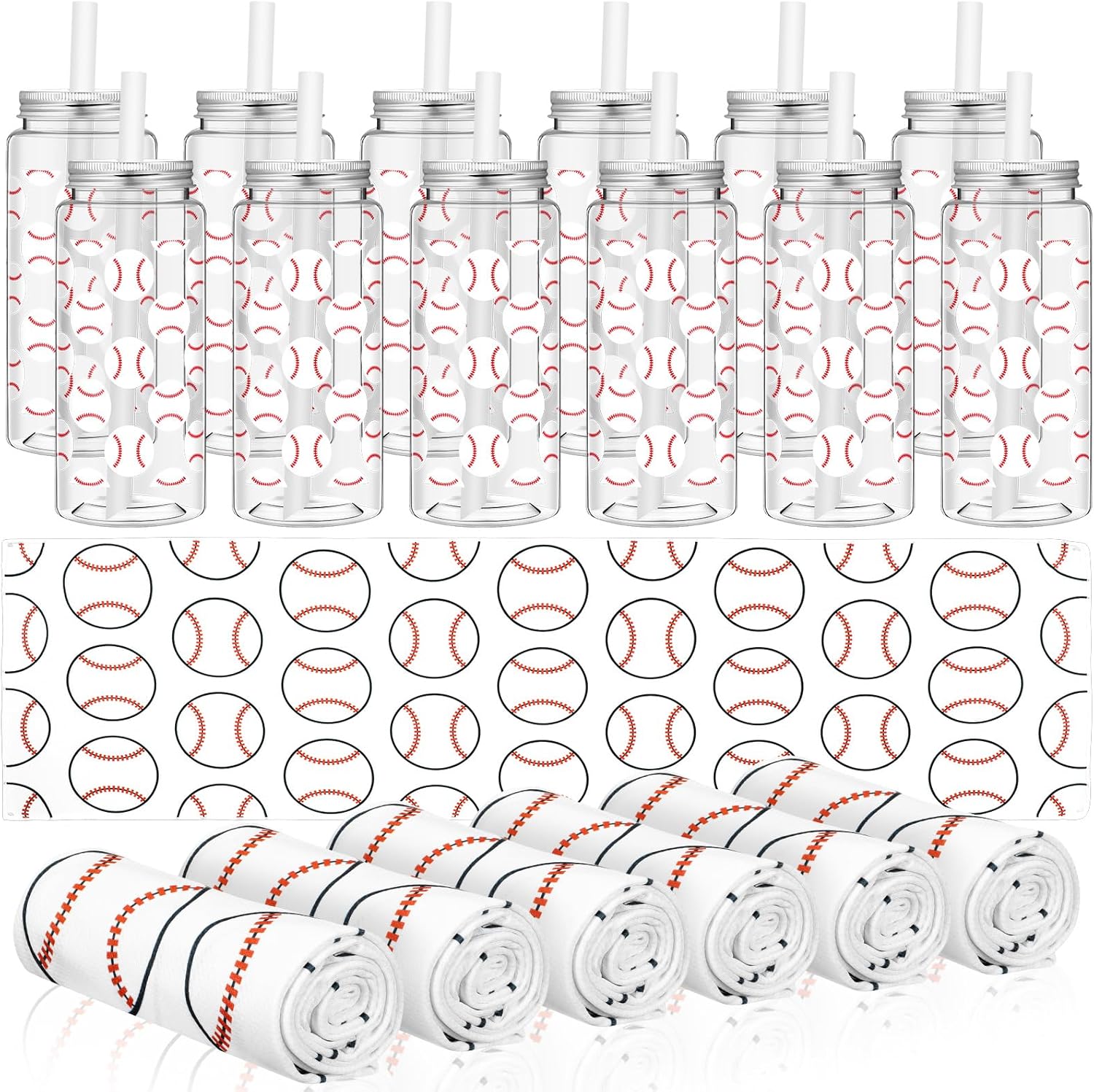 24 Pack Baseball Team Gifts Include 12 Baseball Cooling Towels 12 Plastic Tumbler 40"x12" Breathable Chilly Towel 13.5oz Reusable Cups with Lid and Straw for Sports Party (White, Baseball)