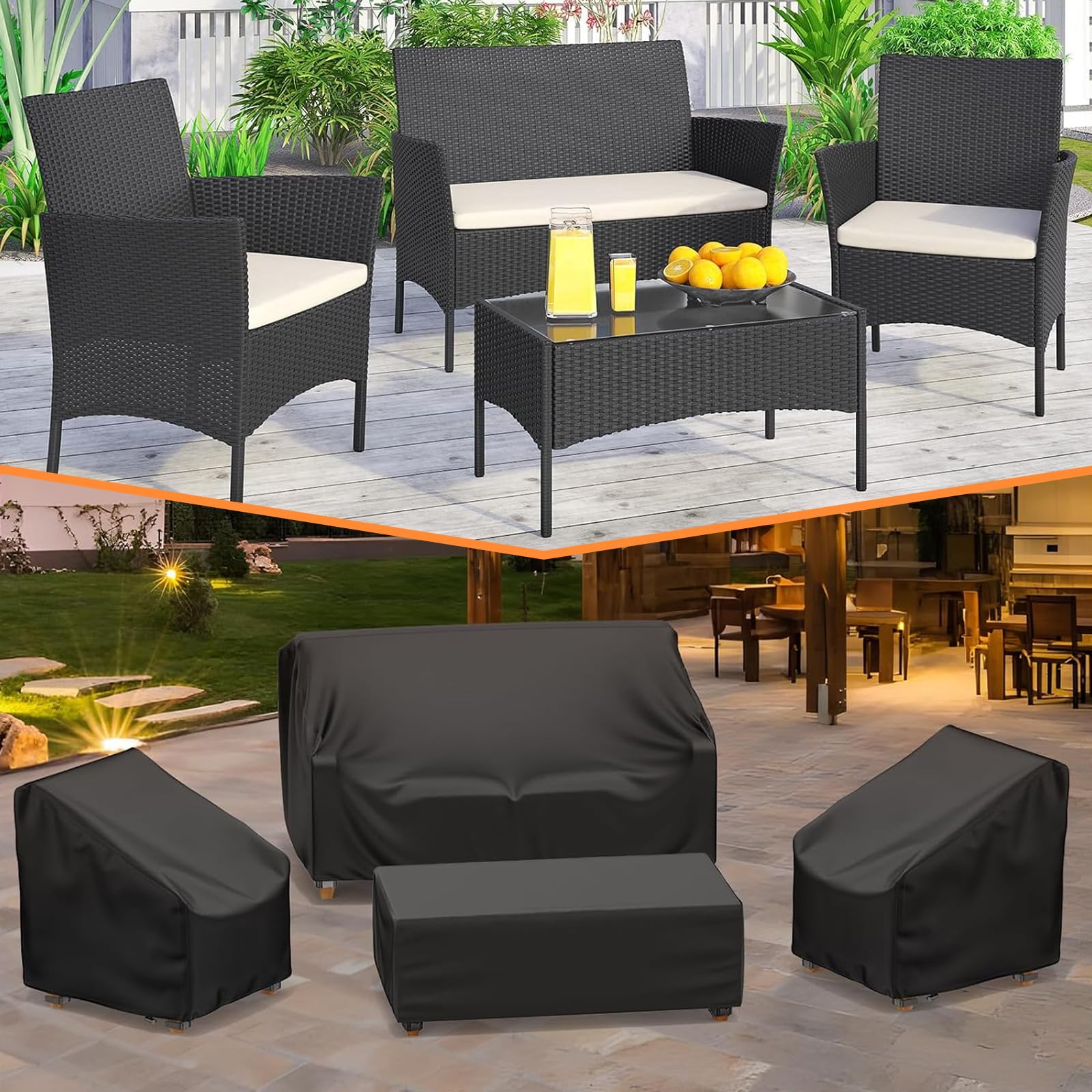 Terrassenmöbel-Abdeckungen 4-teilig – Wasserdichtes 420D Oxford, Mit Lüftungsschlitzen & Kordelzug, Für Garten-Sets