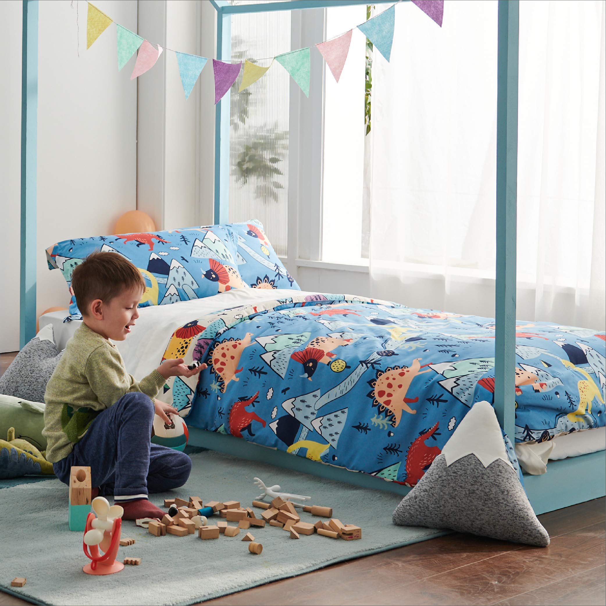 Wake In Cloud - Sábanas De Dinosaurio Para Niños, 100% Algodón, Juego De Sábanas De 4 Piezas Para Niños, Lindo Dinosaurio Jurásico Velociraptor Estampado De Animales, Bolsillo Profundo, Azul Marino