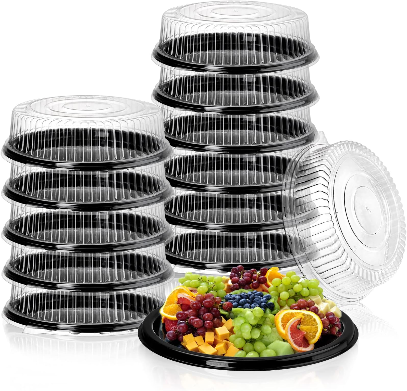 Frcctre 12 Pack 12 Inch Plastic Serving Tray with Lid, Disposable Plastic Food Serving Platters with Clear Dome Lids, Stackable Round Trays for Party, Takeout Food, Catering, Picnic