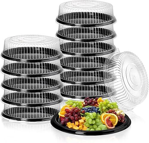 Miniatura 8 de Frcctre Paquete de 6 bandejas de plástico de 16 pulgadas con tapa transparente, bandejas redondas resistentes para servir aperitivos, bandeja de