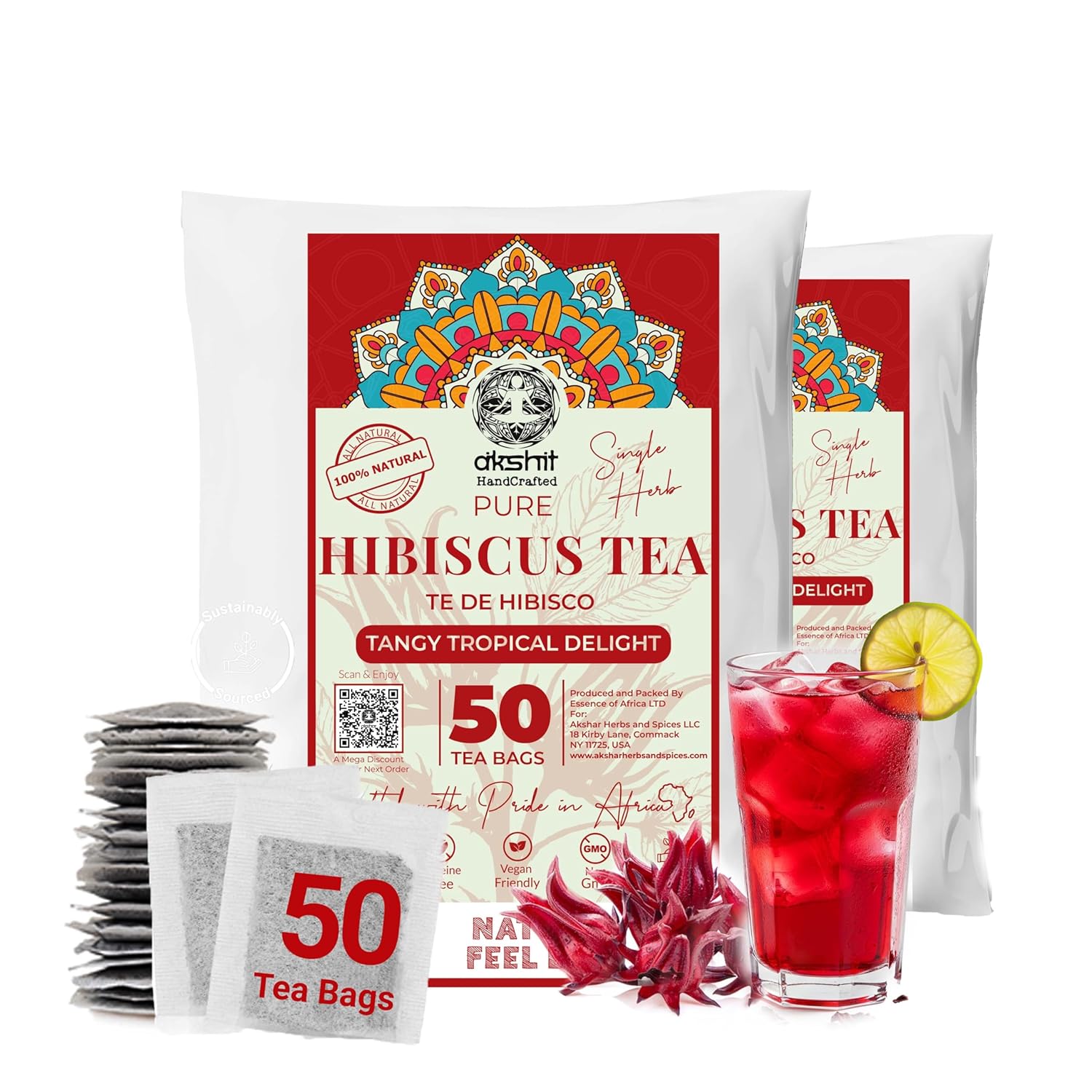 Akshit 100 Hibiscus Tea Bags, 100% Natural Hibiscus Flowers, Aromatic Tea, Hibiscus Tea Loose Leaf, Te De Hibisco, Non-GMO, Sugar Free, Caffeine Free. 10oz