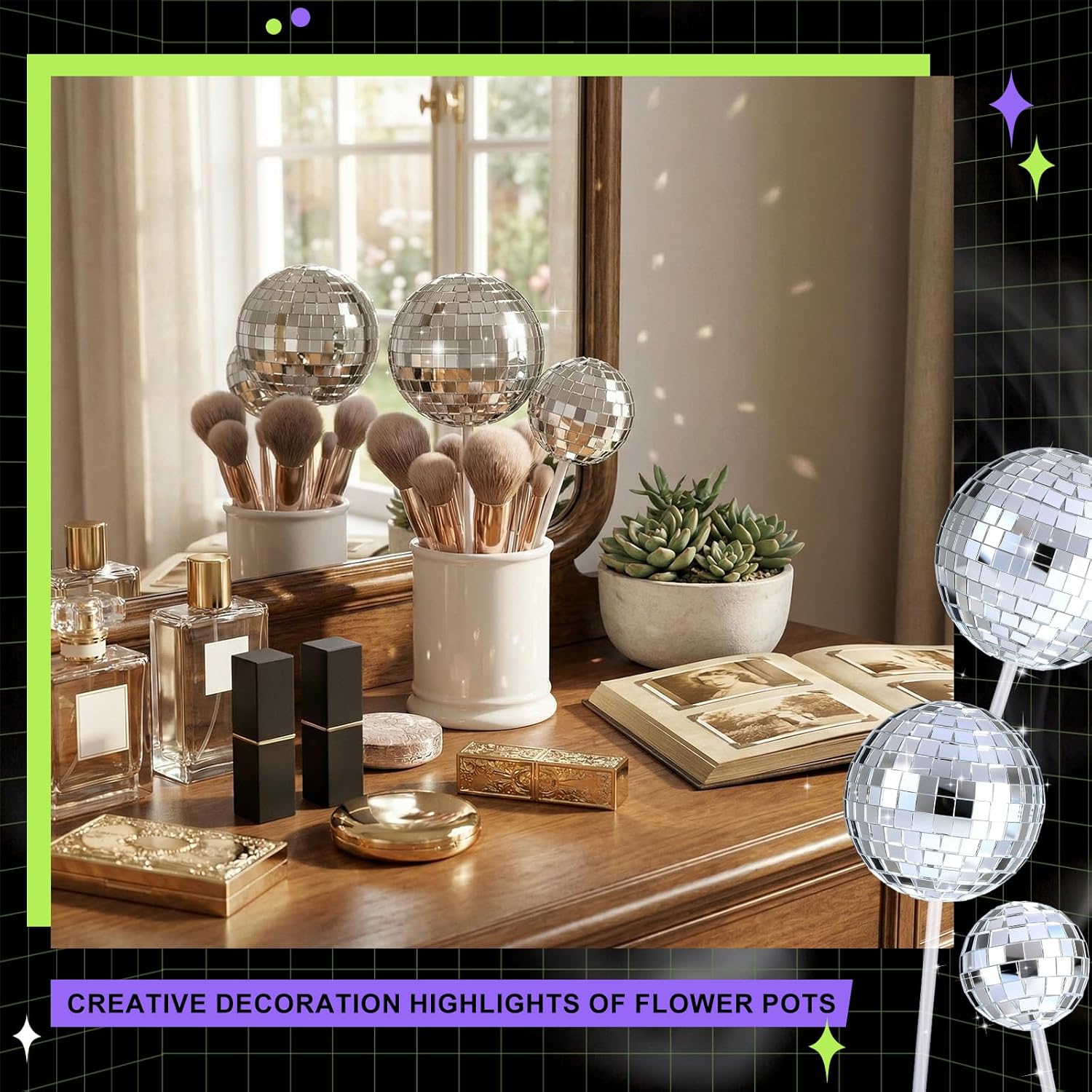AceOrbit 9pcs Disco Ball Picks – Sun Catcher Mirror Ornaments with 3 Sizes for Floral Arrangements, Retro Silver Reflective 70s Decor, Home Decor, &Party Centerpieces