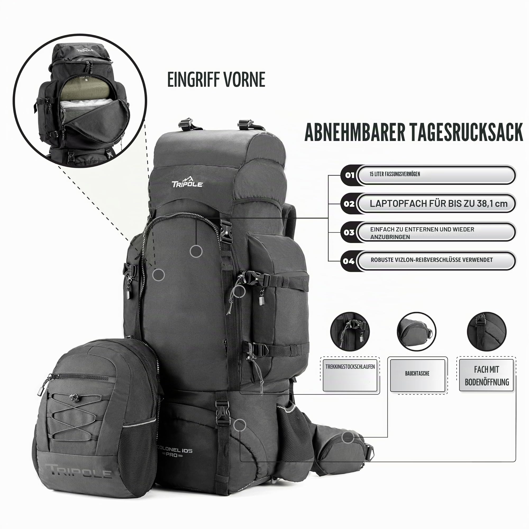 Tripole Colonel Pro Rucksack Mit Metallrahmen | Frontöffnung | Abnehmbare Tasche | Regenschutz