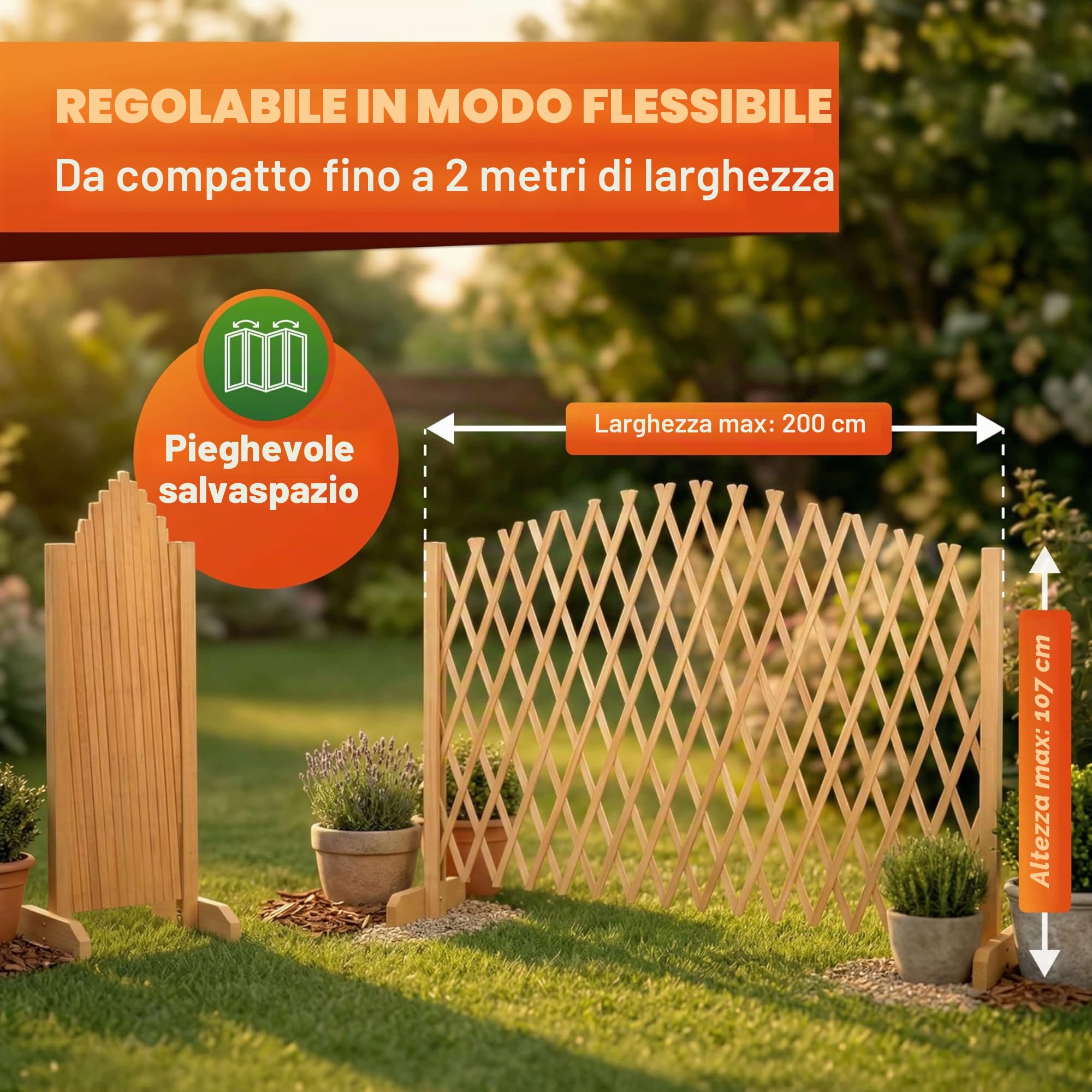 GARDEBRUK Recinzione da Giardino in Legno Estendibile fino a 200 cm Altezza 107 cm Pieghevole Flessibile Autoportante per Balcone Grigliato Griglia per Rampicante Divisorio Separè per Esterno Pannello