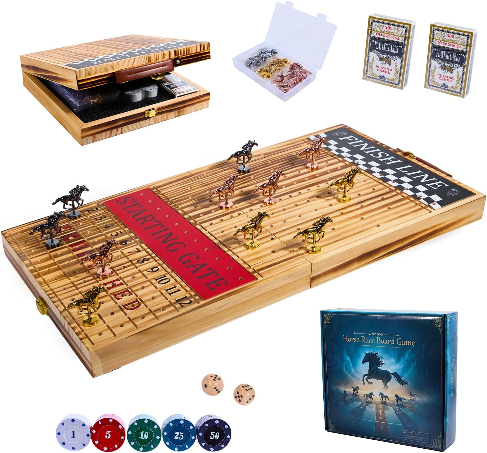 Horse Race Board Game - 23 Inch Solid Wood Foldable Racing Game with Cards Dice & Metal Horses, Portable Adult Family Set for Party Travel & Gifts