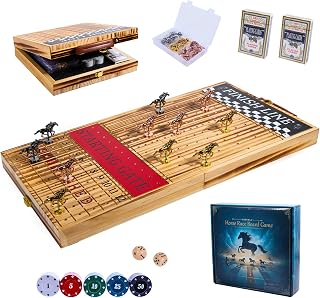 Horse Race Board Game - 23 Inch Solid Wood Foldable Racing Game with Cards Dice & Metal Horses, Portable Adult Family Set for Party Travel & Gifts