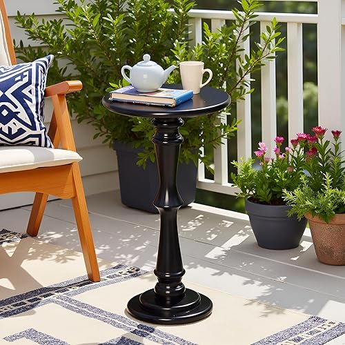 Miniatura 8 de SwallowLiving Mesa pequeña para bebidas, mesa auxiliar redonda de madera negra, mesa auxiliar estrecha y moderna con soporte de pedestal para