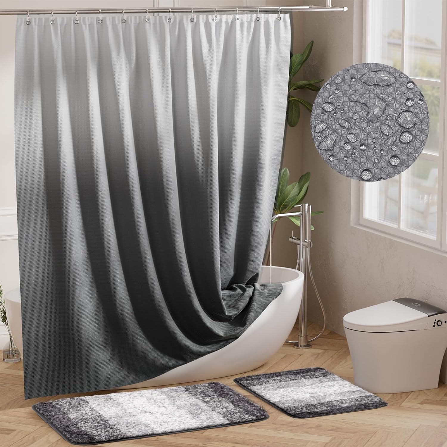 15 Pcs Shower Curtain Set Grey Bathroom Sets with Shower Curtain and Rugs Ombre Waterproof Thicken Waffle Shower Curtain with 2 Piece Non-Slip Luxury Bathroom Rugs and 12 Hooks for Bathroom Decor