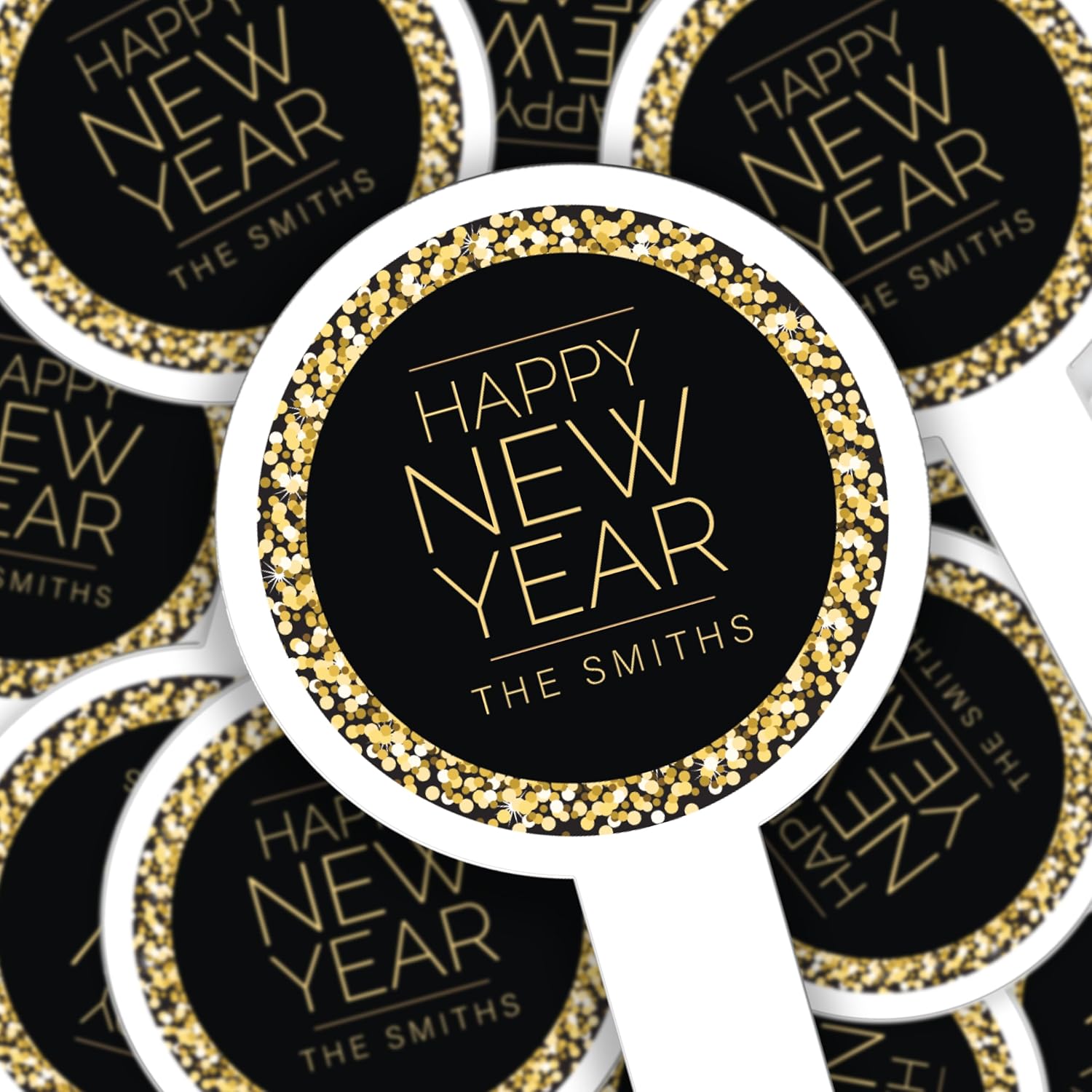 Custom Happy New Year Cupcake Toppers, 2x4 Inches, Solid Plastic Dessert Picks For New Year's Eve Party (Family Name, 25)